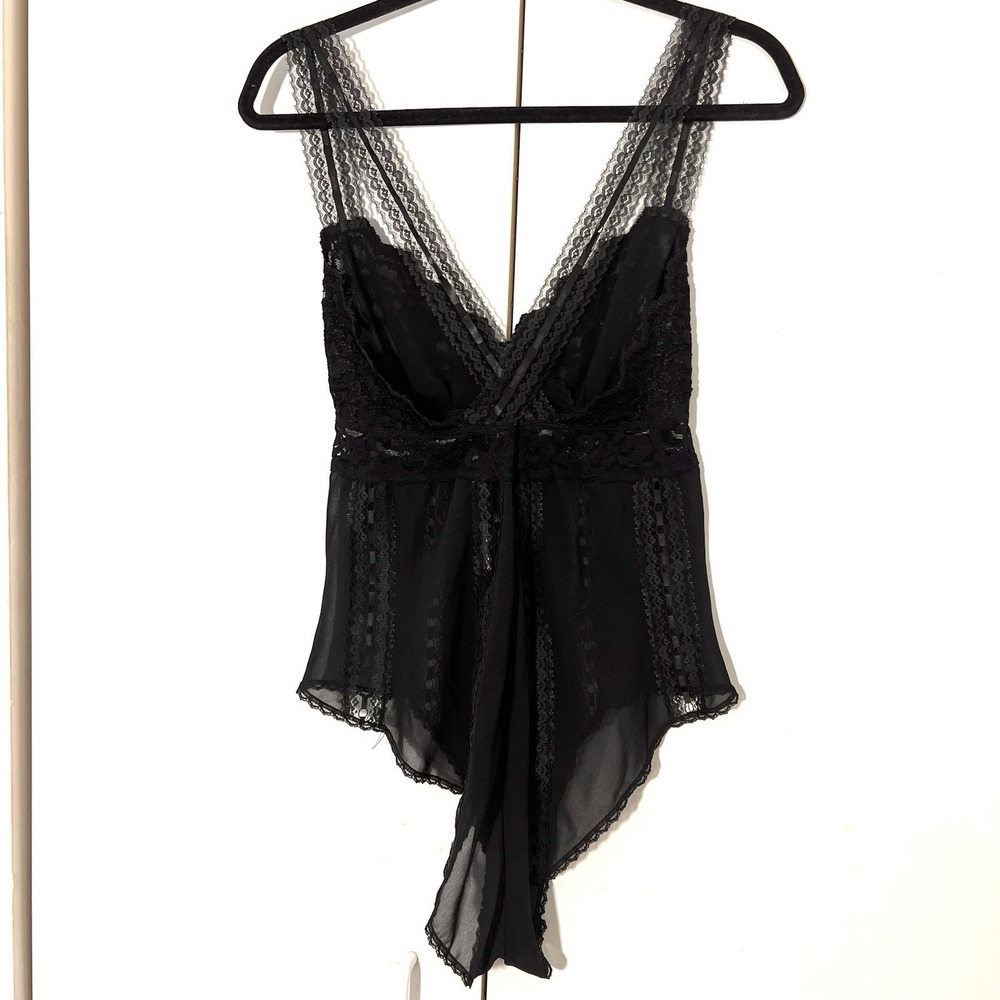 Vintage Josie Natori Teddy Bodysuit Size S Black V Neck Lace Trim Lingerie Sheer - Picture 2 of 6